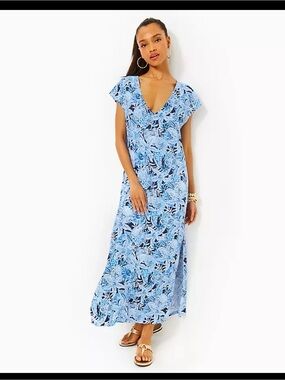Lilly Pulitzer Blue Floral V-Neck Maxi Swim Coverup